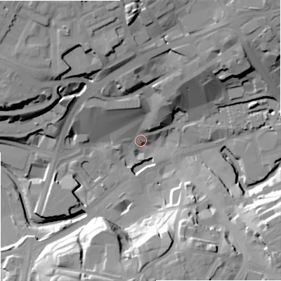 Shaded relief map of the ground around OL161EN, computed from Environment Agency LiDAR. The ground here sits at about 121 m above sea level and falls 31 m across the surrounding 800 m. Surface water reaching this point runs off ground lying to the north, 28.1 m higher.