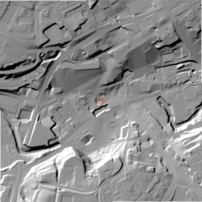 Shaded relief map of the ground around OL161EP, computed from Environment Agency LiDAR. The ground here sits at about 118 m above sea level and falls 30 m across the surrounding 800 m. Surface water reaching this point runs off ground lying to the south-south-east, 28.1 m higher.