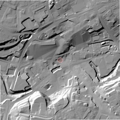 Shaded relief map of the ground around OL161ES, computed from Environment Agency LiDAR. The ground here sits at about 119 m above sea level and falls 30 m across the surrounding 800 m. Surface water reaching this point runs off ground lying to the north, 28.1 m higher.