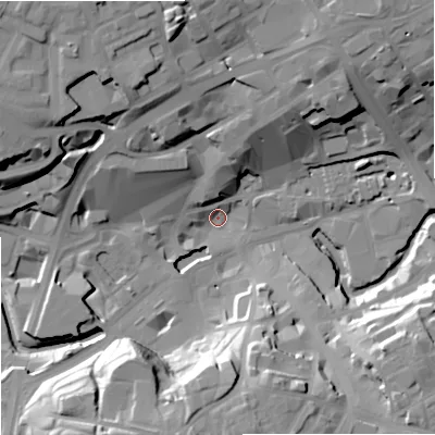 Shaded relief map of the ground around OL161EY, computed from Environment Agency LiDAR. The ground here sits at about 119 m above sea level and falls 30 m across the surrounding 800 m. Surface water reaching this point runs off ground lying to the north-north-west, 28.4 m higher.