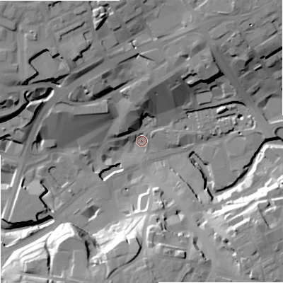 Shaded relief map of the ground around OL161HB, computed from Environment Agency LiDAR. The ground here sits at about 120 m above sea level and falls 30 m across the surrounding 800 m. Surface water reaching this point runs off ground lying to the north-north-west, 28.7 m higher.