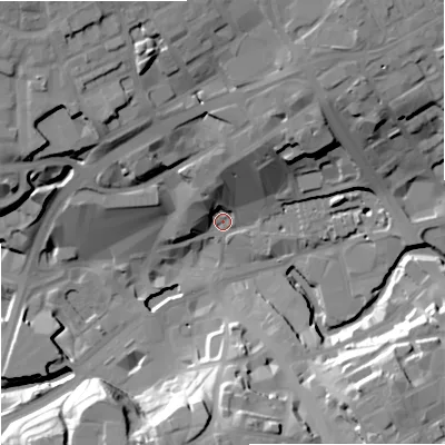 Shaded relief map of the ground around OL161JA, computed from Environment Agency LiDAR. The ground here sits at about 121 m above sea level and falls 31 m across the surrounding 800 m. Surface water reaching this point runs off ground lying to the north-north-east, 20.6 m higher.