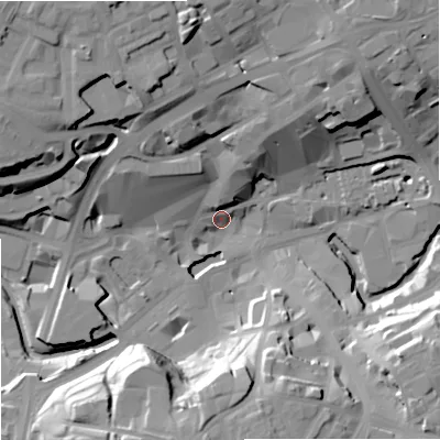 Shaded relief map of the ground around OL161JG, computed from Environment Agency LiDAR. The ground here sits at about 120 m above sea level and falls 30 m across the surrounding 800 m. Surface water reaching this point runs off ground lying to the north-north-west, 28.6 m higher.