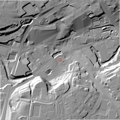 Shaded relief map of the ground around OL161LL, computed from Environment Agency LiDAR. The ground here sits at about 120 m above sea level and falls 30 m across the surrounding 800 m. Surface water reaching this point runs off ground lying to the south, 26.7 m higher.