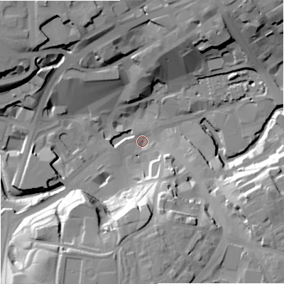 Shaded relief map of the ground around OL161LR, computed from Environment Agency LiDAR. The ground here sits at about 119 m above sea level and falls 29 m across the surrounding 800 m. Surface water reaching this point runs off ground lying to the south, 26.5 m higher.