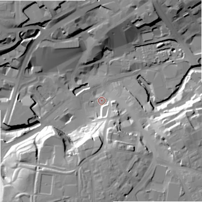Shaded relief map of the ground around OL161LT, computed from Environment Agency LiDAR. The ground here sits at about 120 m above sea level and falls 29 m across the surrounding 800 m. Surface water reaching this point runs off ground lying to the south-south-east, 20.9 m higher.