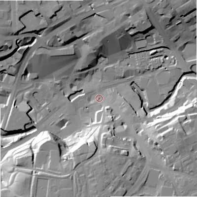 Shaded relief map of the ground around OL161LU, computed from Environment Agency LiDAR. The ground here sits at about 120 m above sea level and falls 29 m across the surrounding 800 m. Surface water reaching this point runs off ground lying to the south, 26.5 m higher.