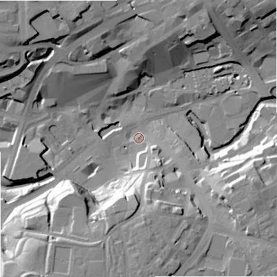 Shaded relief map of the ground around OL161LY, computed from Environment Agency LiDAR. The ground here sits at about 120 m above sea level and falls 29 m across the surrounding 800 m. Surface water reaching this point runs off ground lying to the south, 26.7 m higher.