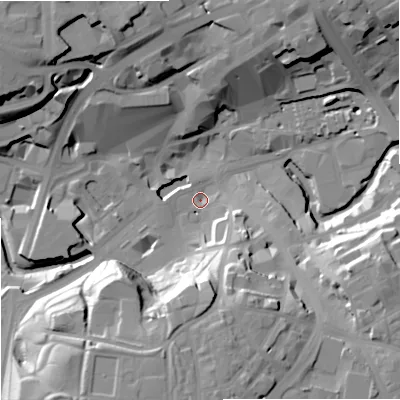Shaded relief map of the ground around OL161LZ, computed from Environment Agency LiDAR. The ground here sits at about 118 m above sea level and falls 29 m across the surrounding 800 m. Surface water reaching this point runs off ground lying to the south, 26.7 m higher.