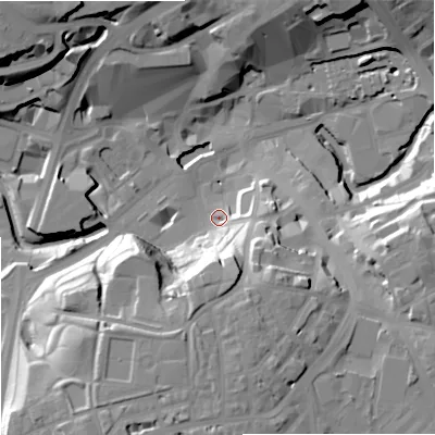 Shaded relief map of the ground around OL161NJ, computed from Environment Agency LiDAR. The ground here sits at about 122 m above sea level and falls 30 m across the surrounding 800 m. Surface water reaching this point runs off ground lying to the south-south-west, 24.4 m higher.