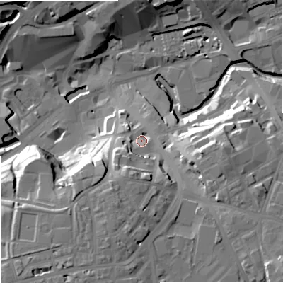 Shaded relief map of the ground around OL161PB, computed from Environment Agency LiDAR. The ground here sits at about 130 m above sea level and falls 30 m across the surrounding 800 m. Surface water reaching this point runs off ground lying to the south-south-west, 12.7 m higher.