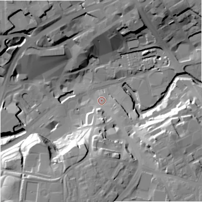 Shaded relief map of the ground around OL161RE, computed from Environment Agency LiDAR. The ground here sits at about 122 m above sea level and falls 29 m across the surrounding 800 m. Surface water reaching this point runs off ground lying to the south, 21.8 m higher.