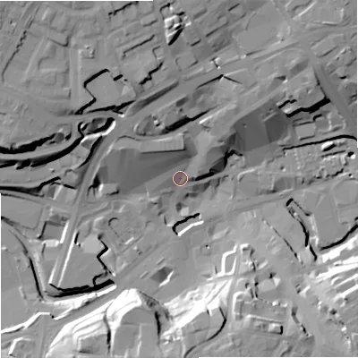 Shaded relief map of the ground around OL161RH, computed from Environment Agency LiDAR. The ground here sits at about 123 m above sea level and falls 32 m across the surrounding 800 m. Surface water reaching this point runs off ground lying to the north-west, 24.3 m higher.