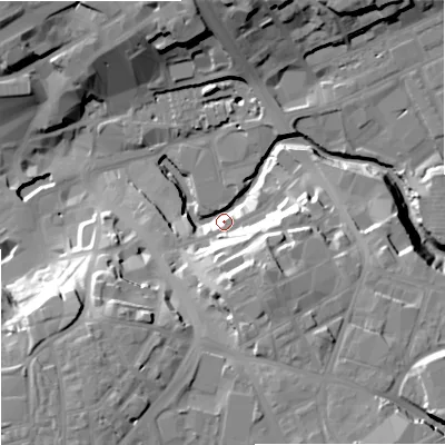 Shaded relief map of the ground around OL161TL, computed from Environment Agency LiDAR. The ground here sits at about 123 m above sea level and falls 29 m across the surrounding 800 m. Surface water reaching this point runs off ground lying to the south-east, 26.3 m higher.