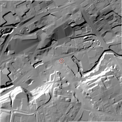 Shaded relief map of the ground around OL161TU, computed from Environment Agency LiDAR. The ground here sits at about 120 m above sea level and falls 29 m across the surrounding 800 m. Surface water reaching this point runs off ground lying to the south, 24.3 m higher.