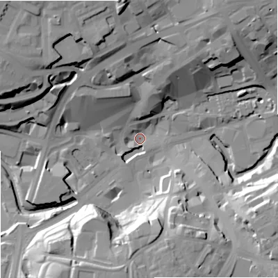 Shaded relief map of the ground around OL161XT, computed from Environment Agency LiDAR. The ground here sits at about 118 m above sea level and falls 30 m across the surrounding 800 m. Surface water reaching this point runs off ground lying to the north, 28.1 m higher.