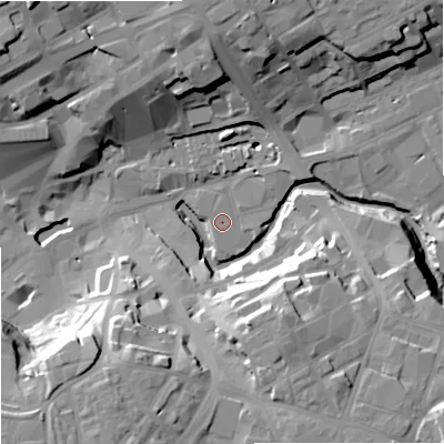 Shaded relief map of the ground around OL161XU, computed from Environment Agency LiDAR. The ground here sits at about 120 m above sea level and falls 28 m across the surrounding 800 m. Surface water reaching this point runs off ground lying to the south-south-east, 26.3 m higher.