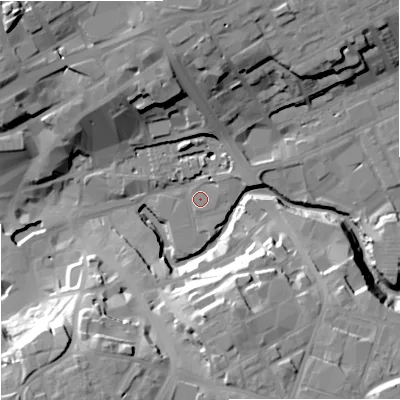 Shaded relief map of the ground around OL161YH, computed from Environment Agency LiDAR. The ground here sits at about 121 m above sea level and falls 28 m across the surrounding 800 m. Surface water reaching this point runs off ground lying to the north-east, 2.7 m higher.