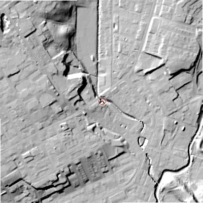 Shaded relief map of the ground around OL162DS, computed from Environment Agency LiDAR. The ground here sits at about 128 m above sea level and falls 29 m across the surrounding 800 m. Surface water reaching this point runs off ground lying to the north-west, 25.8 m higher.