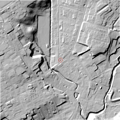Shaded relief map of the ground around OL162DT, computed from Environment Agency LiDAR. The ground here sits at about 127 m above sea level and falls 30 m across the surrounding 800 m. Surface water reaching this point runs off ground lying to the north-east, 9.8 m higher.