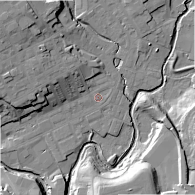 Shaded relief map of the ground around OL162HB, computed from Environment Agency LiDAR. The ground here sits at about 124 m above sea level and falls 25 m across the surrounding 800 m. Surface water reaching this point runs off ground lying to the west-north-west, 10.2 m higher.