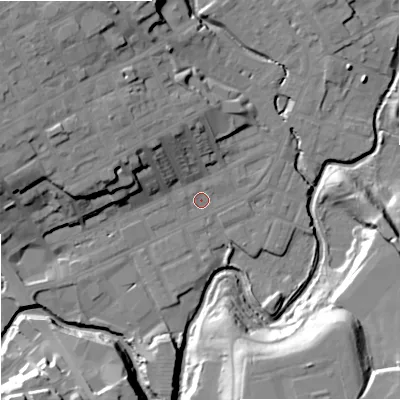 Shaded relief map of the ground around OL162HD, computed from Environment Agency LiDAR. The ground here sits at about 124 m above sea level and falls 25 m across the surrounding 800 m. Surface water reaching this point runs off ground lying to the north-west, 11.7 m higher.