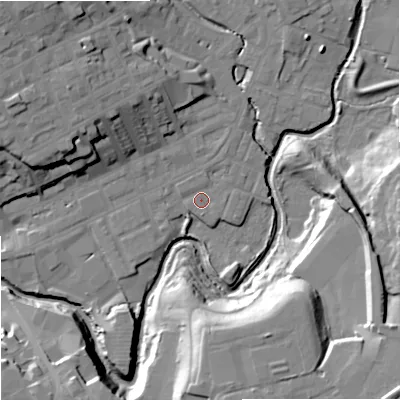 Shaded relief map of the ground around OL162HE, computed from Environment Agency LiDAR. The ground here sits at about 124 m above sea level and falls 26 m across the surrounding 800 m. Surface water reaching this point runs off ground lying to the north-north-west, 1.0 m higher.