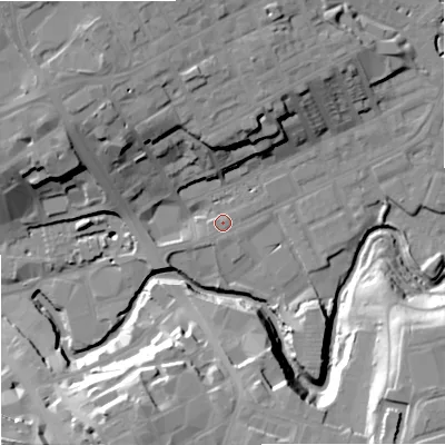 Shaded relief map of the ground around OL162HZ, computed from Environment Agency LiDAR. The ground here sits at about 124 m above sea level and falls 26 m across the surrounding 800 m. Surface water reaching this point runs off ground lying to the north-west, 19.6 m higher.