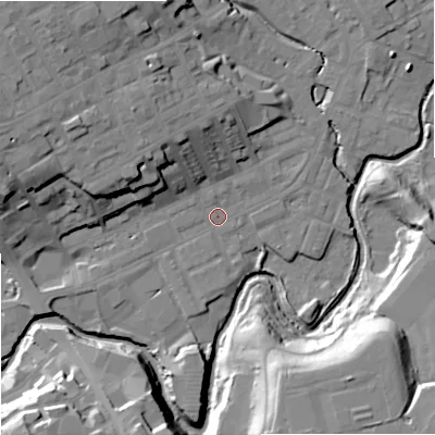 Shaded relief map of the ground around OL162JJ, computed from Environment Agency LiDAR. The ground here sits at about 124 m above sea level and falls 25 m across the surrounding 800 m. Surface water reaching this point runs off ground lying to the north-west, 11.8 m higher.