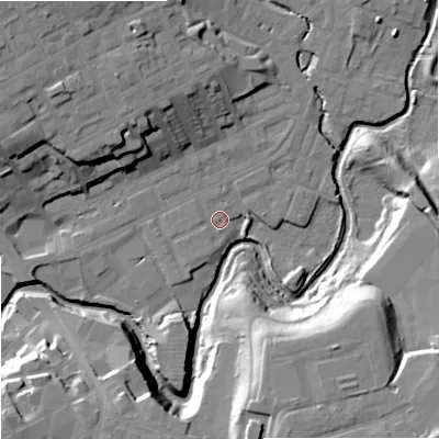 Shaded relief map of the ground around OL162JL, computed from Environment Agency LiDAR. The ground here sits at about 124 m above sea level and falls 26 m across the surrounding 800 m. Surface water reaching this point runs off ground lying to the north, 1.1 m higher.