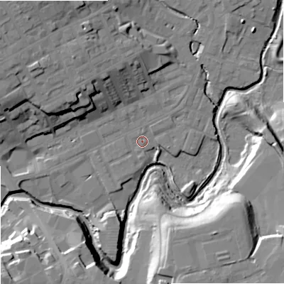 Shaded relief map of the ground around OL162JP, computed from Environment Agency LiDAR. The ground here sits at about 124 m above sea level and falls 25 m across the surrounding 800 m. Surface water reaching this point runs off ground lying to the north-north-west, 1.1 m higher.