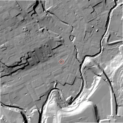 Shaded relief map of the ground around OL162JR, computed from Environment Agency LiDAR. The ground here sits at about 124 m above sea level and falls 24 m across the surrounding 800 m. Surface water reaching this point runs off ground lying to the north-west, 8.9 m higher.