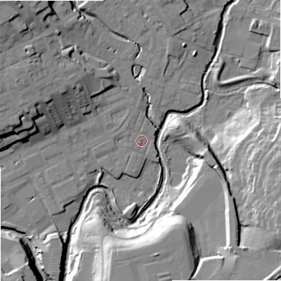 Shaded relief map of the ground around OL162JS, computed from Environment Agency LiDAR. The ground here sits at about 124 m above sea level and falls 26 m across the surrounding 800 m. Surface water reaching this point runs off ground lying to the west-north-west, 15.4 m higher.