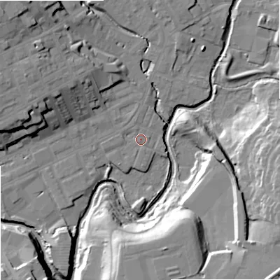 Shaded relief map of the ground around OL162JT, computed from Environment Agency LiDAR. The ground here sits at about 124 m above sea level and falls 26 m across the surrounding 800 m. Surface water reaching this point runs off ground lying to the north-north-west, 1.5 m higher.