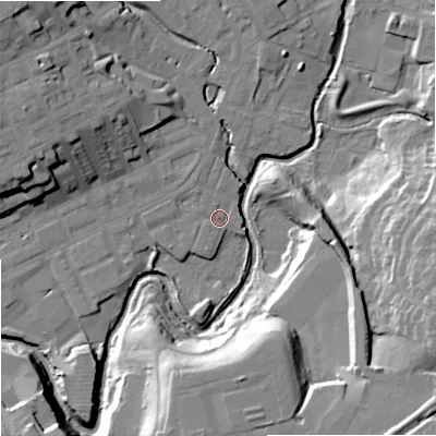 Shaded relief map of the ground around OL162JU, computed from Environment Agency LiDAR. The ground here sits at about 123 m above sea level and falls 27 m across the surrounding 800 m. Surface water reaching this point runs off ground lying to the north-west, 1.5 m higher.
