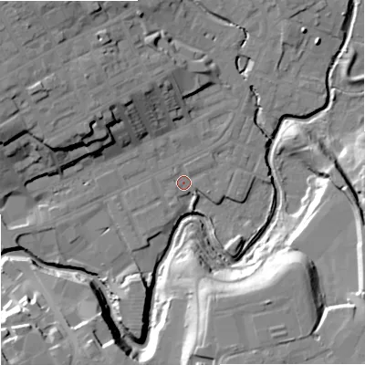 Shaded relief map of the ground around OL162JW, computed from Environment Agency LiDAR. The ground here sits at about 123 m above sea level and falls 25 m across the surrounding 800 m. Surface water reaching this point runs off ground lying to the north-east, 1.2 m higher.