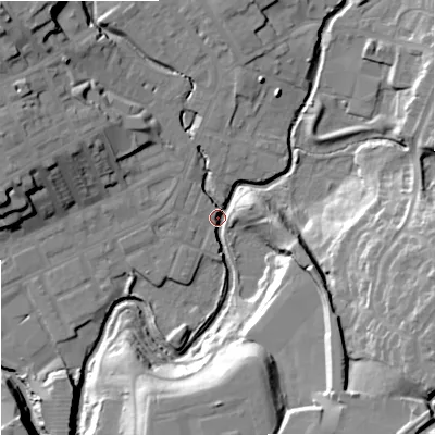Shaded relief map of the ground around OL162JX, computed from Environment Agency LiDAR. The ground here sits at about 122 m above sea level and falls 27 m across the surrounding 800 m. Surface water reaching this point runs off ground lying to the east-south-east, 26.0 m higher.