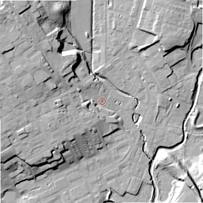 Shaded relief map of the ground around OL162LA, computed from Environment Agency LiDAR. The ground here sits at about 127 m above sea level and falls 28 m across the surrounding 800 m. Surface water reaching this point runs off ground lying to the west-south-west, 13.0 m higher.