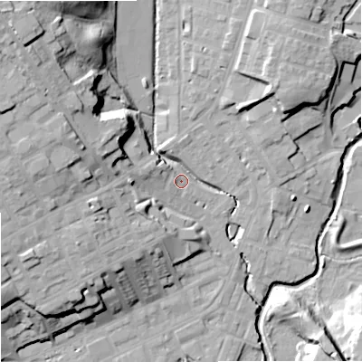 Shaded relief map of the ground around OL162LD, computed from Environment Agency LiDAR. The ground here sits at about 126 m above sea level and falls 29 m across the surrounding 800 m. Surface water reaching this point runs off ground lying to the west, 8.9 m higher.