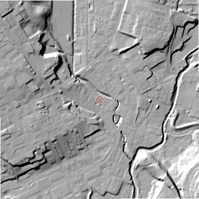 Shaded relief map of the ground around OL162LE, computed from Environment Agency LiDAR. The ground here sits at about 126 m above sea level and falls 28 m across the surrounding 800 m. Surface water reaching this point runs off ground lying to the west-north-west, 8.9 m higher.