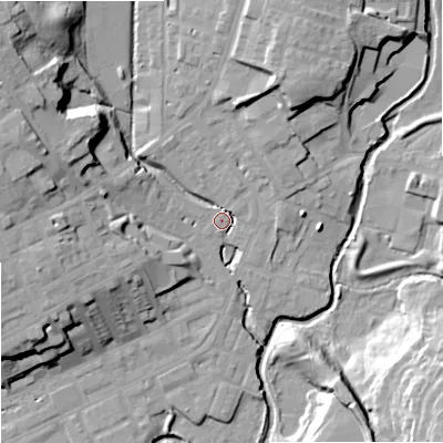 Shaded relief map of the ground around OL162LF, computed from Environment Agency LiDAR. The ground here sits at about 125 m above sea level and falls 26 m across the surrounding 800 m. Surface water reaching this point runs off ground lying to the north-west, 22.3 m higher.