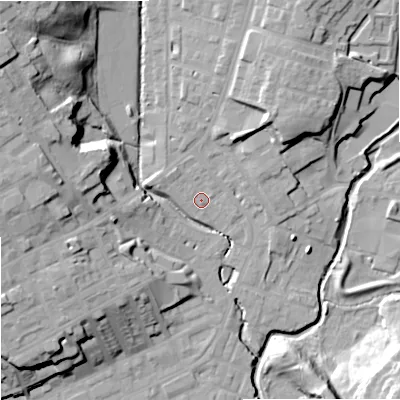 Shaded relief map of the ground around OL162LG, computed from Environment Agency LiDAR. The ground here sits at about 126 m above sea level and falls 28 m across the surrounding 800 m. Surface water reaching this point runs off ground lying to the north-north-east, 10.4 m higher.