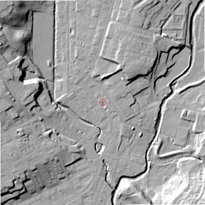 Shaded relief map of the ground around OL162LH, computed from Environment Agency LiDAR. The ground here sits at about 127 m above sea level and falls 28 m across the surrounding 800 m. Surface water reaching this point runs off ground lying to the north-north-east, 5.9 m higher.