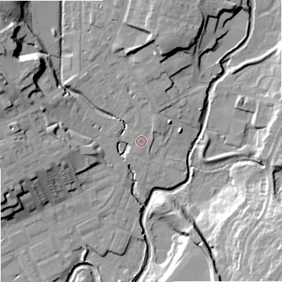 Shaded relief map of the ground around OL162LJ, computed from Environment Agency LiDAR. The ground here sits at about 125 m above sea level and falls 26 m across the surrounding 800 m. Surface water reaching this point runs off ground lying to the north-east, 1.6 m higher.