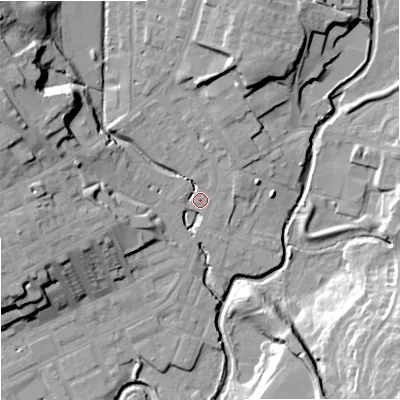 Shaded relief map of the ground around OL162LL, computed from Environment Agency LiDAR. The ground here sits at about 125 m above sea level and falls 26 m across the surrounding 800 m. Surface water reaching this point runs off ground lying to the north-west, 22.1 m higher.