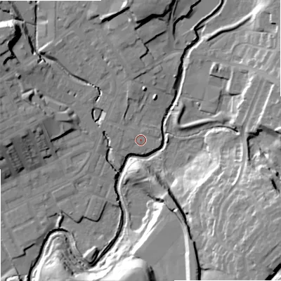 Shaded relief map of the ground around OL162LN, computed from Environment Agency LiDAR. The ground here sits at about 124 m above sea level and falls 27 m across the surrounding 800 m. Surface water reaching this point runs off ground lying to the west-north-west, 0.6 m higher.