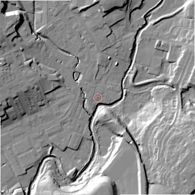 Shaded relief map of the ground around OL162LP, computed from Environment Agency LiDAR. The ground here sits at about 124 m above sea level and falls 27 m across the surrounding 800 m. Surface water reaching this point runs off ground lying to the north-east, 1.0 m higher.