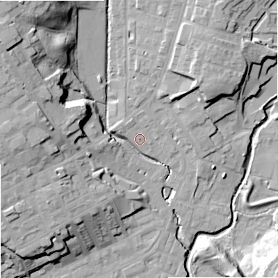 Shaded relief map of the ground around OL162LQ, computed from Environment Agency LiDAR. The ground here sits at about 127 m above sea level and falls 29 m across the surrounding 800 m. Surface water reaching this point runs off ground lying to the north-north-east, 10.0 m higher.