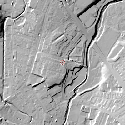 Shaded relief map of the ground around OL162NB, computed from Environment Agency LiDAR. The ground here sits at about 134 m above sea level and falls 21 m across the surrounding 800 m. Surface water reaching this point runs off ground lying to the west, 3.5 m higher.