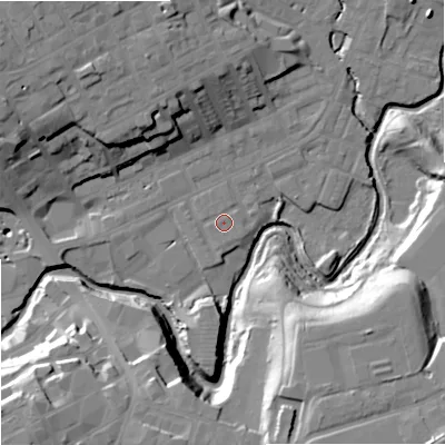 Shaded relief map of the ground around OL162NE, computed from Environment Agency LiDAR. The ground here sits at about 124 m above sea level and falls 27 m across the surrounding 800 m. The ground contributing surface water to this point lies to the west-south-west.